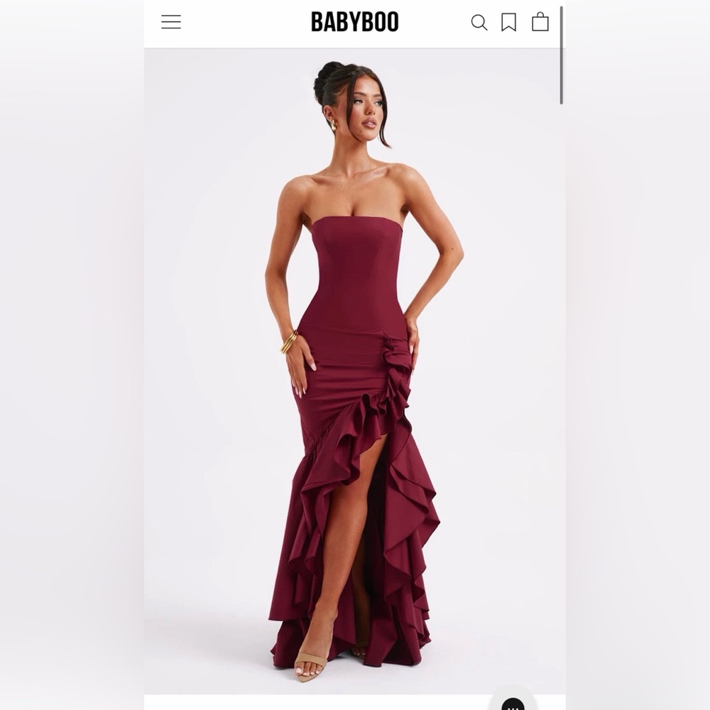 BABYBOO Strapless Burgundy Ruffle Maxi Dress
